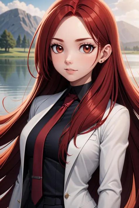 woman, long red hair, brown eyes, ear, earring, close up, white coat, black blouse, tie, breathtaking background, grasslands, lake <lora:face_mask_01:0.6>