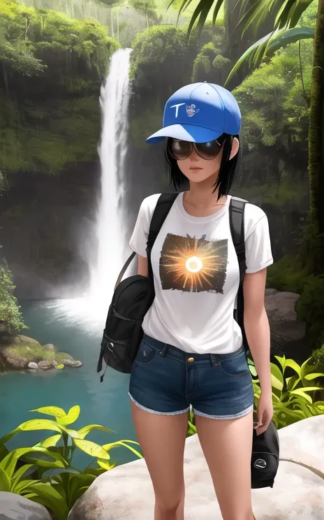 A woman wearing a simple and exposed outfit is exploring the rainforest. She has short black hair, a slim face, and her eyes are looking around with curiosity. Her eyes are a deep shade of brown, and her eyebrows are curved. Her hands are at her side, and her posture is relaxed. She has a light complexion and her clothes are mostly brown and green, blending in with the surrounding environment. Her clothing consists of a t-shirt, shorts, and sandals. She is also wearing a hat to protect her from the sun, and a pair of sunglasses to shield her eyes from the bright light. Her hair is slightly damp from the humidity of the rainforest. She has a backpack slung over her shoulder and her arms are crossed in front of her chest. In her left hand is a map, which she is studying intently. She is standing on a rocky ledge, surrounded by lush green plants and trees with bright blooms. The sun is shining brightly, casting shadows and creating a beautiful contrast with the vibrant colors of the rainforest. In the background, a waterfall cascades down a mountain, creating a picturesque backdrop.