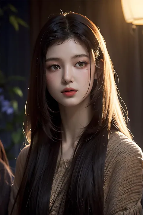 photorealistic:1.4,(flower filed),Poetic lens,obscure light and shadow,aestheticism,brooding,emotional depth,supernatural,1girl,solo,Neck,enchanting elegance, atmospheric depth, naturalistic representations, harmonious composition, parted lips, long straight hair, looking at viewer