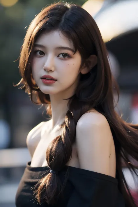 Best quality, masterpiece, ultra high res, (photorealistic:1.4), raw photo,1girl, solo, realistic, looking at viewer, teeth, long hair, hair over one eye,nose, close-up, brown hair, simple background, brown eyes, black dress, off shoulder