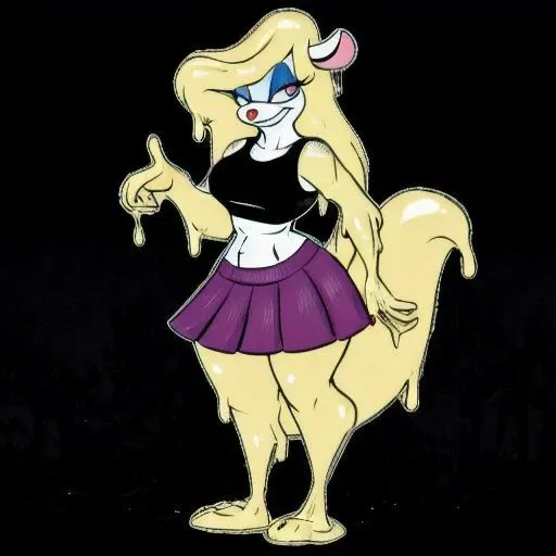 Minerva Mink (Animaniacs), full body, <lora:SlimeC-19:1>, SlimeC, slime girl, monster girl, large breasts, wide hips, skirt, crop top, colored skin, colored sclera, transparent, heart-shape pupil, standing, legs, feet, pointing at viewer, best quality, masterpiece, highres