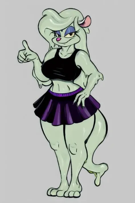 Minerva Mink (Animaniacs), full body, <lora:SlimeC-19:1>, SlimeC, slime girl, monster girl, large breasts, wide hips, skirt, crop top, colored skin, colored sclera, transparent, heart-shape pupil, standing, legs, feet, pointing at viewer, best quality, masterpiece, highres