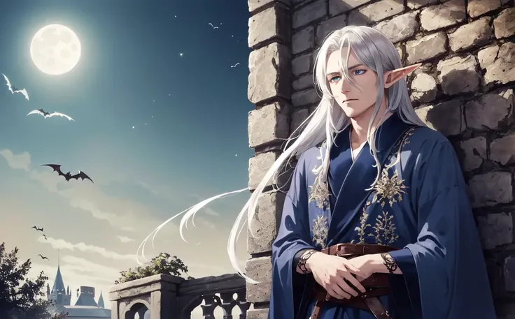 masterpiece, intricate detail, (elf:0.3), knight, lord, long silver hair, thin blue eyes, frown, gray skin, (vampire lord), long blue robes, baroque, gothic castle, night, bats in the background,  Cobwebber, gray stone walls, horror, dark, detailed shadows, moon, moonlight, hard lighting