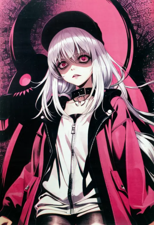 (H.R. Giger), (Junji Ito), goth, thighhighs, collar, leather jacket, pink eyes, silver hair, low twintails, anoyed, frown, pink lipstick, teeth, looking down, (bags under eyes:1.3), creepy, scary, sketch, dark, <lora:lottalewdsBagsUnder_v1:1> <lora:(shaded face)shadedFaceEyesIn_shadedFace:1> shaded face