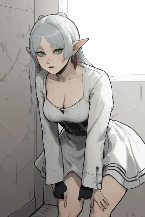 (nradiowave:1.4), (Masterpiece, Best Quality, Highres:1.4), Detailed, Intricate Details, 4K,
1Girl, (Solo:1.4), Standing,
White Hair, Short Hair, Bangs, (Elf:1.2),
(Big Eyes:1.4), (Looking at VIewer, Red Eyes:1.4),
(White Shirt, Off-Shoulder Shirt:1.2), Bra Strap,
(Medium Breasts:1.2), (Thick Thighs:1.2), Nipples, Cleft of Venus, Pussy,
Indoors, Room, Bedroom, Bed, nradiowave,
<lora:last:1.4>