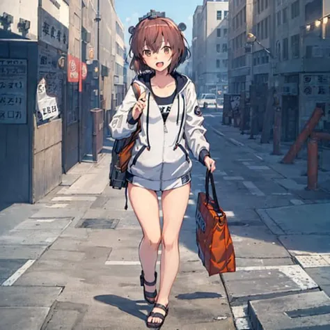 yukikaze, 1girl, solo, looking_at_viewer, smile, short_hair, open_mouth,  brown_hair, long_sleeves, brown_eyes, collarbone, jacket, swimsuit, full_body, hood, bag, one-piece_swimsuit, hoodie, headgear, sandals, school_swimsuit, white_jacket, hooded_jacket, black_one-piece_swimsuit, swimsuit_under_clothes, speaking_tube_headset, best illumination, perfect lighting,look at viewer, (1 girl, solo,day, city:1.3), standing