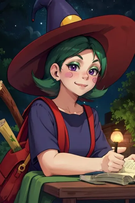 Maple, short green hair, purple dress, blush stickers, witch hat, red bag,
upper body, solo, smile, sitting,
night, fantasy,
(insanely detailed, beautiful detailed face, masterpiece, best quality) <lora:Maple:0.7>