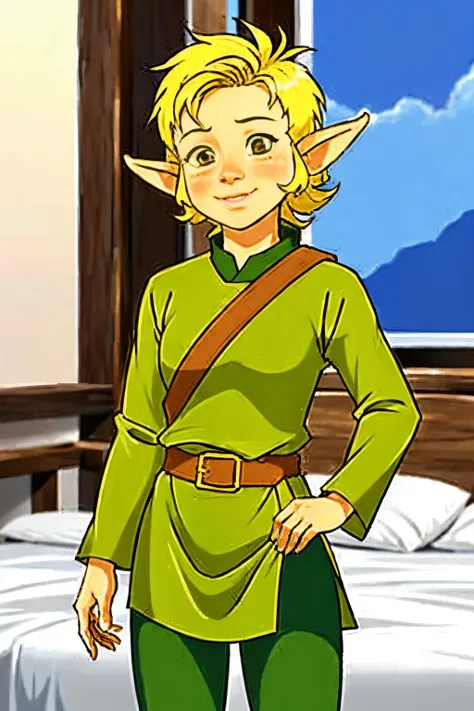(Realistic:1.5) on bedroom, 1girl, solo, looking at viewer, blush, smile, short hair, blonde hair, brown eyes, weapon, pointy ears, belt, pants, boots, pointy ears, belt, brown footwear, layered sleeves, green tunic <lora:EdobMillieTheElf_v1.0:0.8>