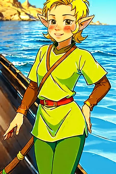 (Realistic:1.5) on the boat, 1girl, solo, looking at viewer, blush, smile, short hair, blonde hair, brown eyes, weapon, pointy ears, belt, pants, boots, pointy ears, belt, brown footwear, layered sleeves, green tunic <lora:EdobMillieTheElf_v1.0:0.8>