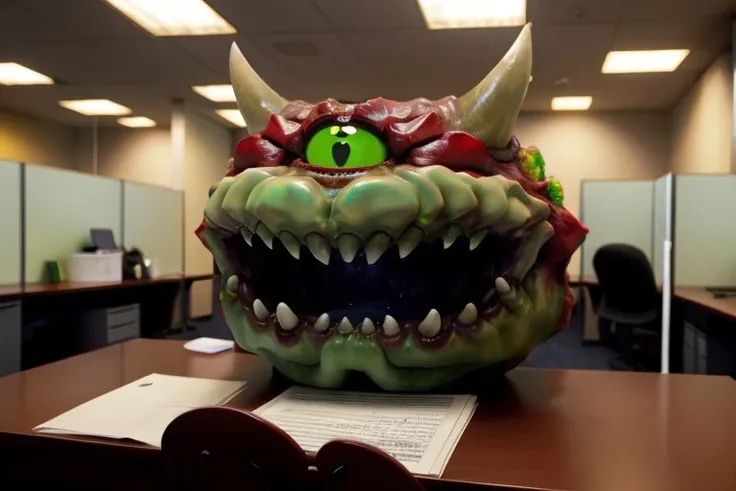 Cac0Demon, one green eye,teeth, at office, working, filling tax forms <lora:Cac0Dem0n:0.75>