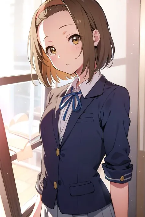ritsutainaka, <lyco:ritsutainaka-LYCORIStest:1>,
ritsu tainaka, (brown eyes:1.7), light brown hair, (forehead:1.5), hairband, short hair, (flat chest:1.2),
BREAK sakuragaoka high school uniform, school uniform,
BREAK looking at viewer,
BREAK indoors, classroom,
BREAK <lora:GoodHands-vanilla:1>, (masterpiece:1.2), best quality, high resolution, unity 8k wallpaper, (illustration:0.8), (beautiful detailed eyes:1.6), extremely detailed face, perfect lighting, extremely detailed CG, (perfect hands, perfect anatomy),