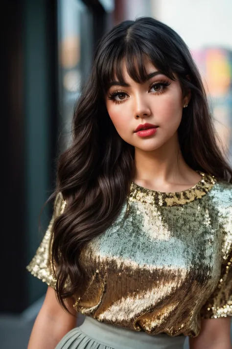 photo of (EP0x1ll3ry:0.99), closeup portrait, perfect hair, (modern photo, red flowy full body clothing, round neck, quantum-stitch knit, rubber flooring, short sleeves, mini length, high waist, mermaid skirt, sequins,), 24mm, (analog, cinematic, film grain:1.3), ((plain texture, gradient:1.1)), ((detailed eyes)), (seductive pose), (epicPhoto), long eyelashes, (perfect waist), (painted lips)