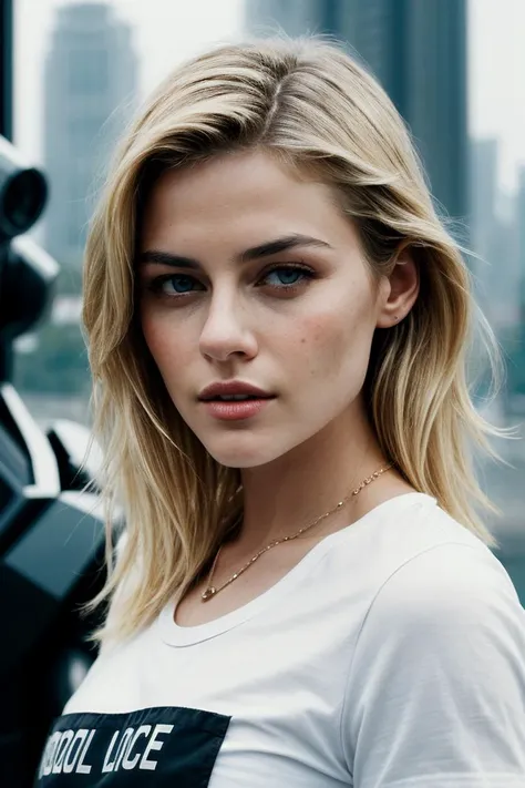 photo of gorgeous (r4cht4yl0r-135:0.99), a beautiful woman, perfect blonde hair blowing in the wind, (modern photo), (Ivory graphic tee), 85mm lens, f16 aperture, (analog, cinematic, film grain:1.3), (Futuristic dystopian city viewpoint featuring robotic police hoverbikes:1.2), detailed eyes, dancing seductively with her hands in the air, (epicPhoto), (looking at viewer:1.1), jewelry, (cinematic shot:1.3), (natural lighting), PA7_Portrait-HL_v2