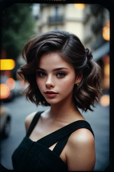 photo of (me1kaw:0.99), closeup portrait, perfect hair, hair upsweep updo, posing, (vintage photo, dress), (polaroid frame), 24mm, ((tintype)), (analog, film, film grain:1.3), ((on a Paris street, night, gritty)), ((detailed eyes)), (seductive pose), (epicPhoto)