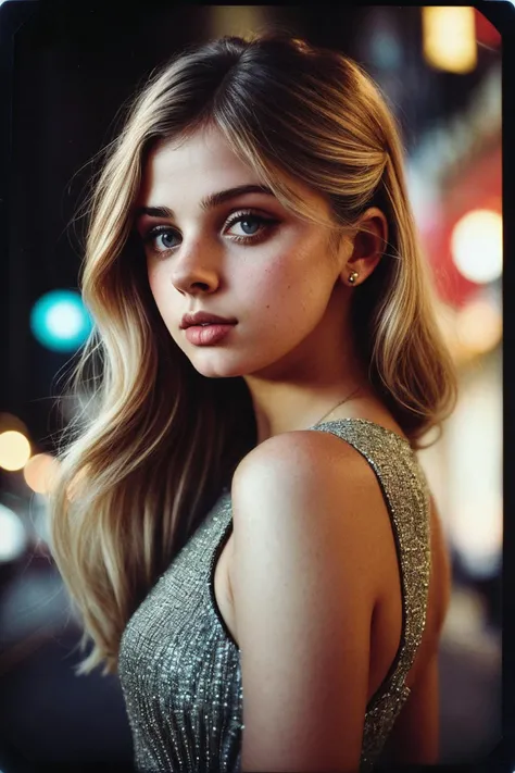 photo of (1nd1aw-135:0.99), closeup portrait, perfect blonde hair, hair upsweep updo, posing, (vintage photo, dress), (polaroid frame), 24mm, ((tintype)), (analog, film, film grain:1.3), ((on a Paris street, night, gritty)), ((detailed eyes)), (seductive pose), (epicPhoto)