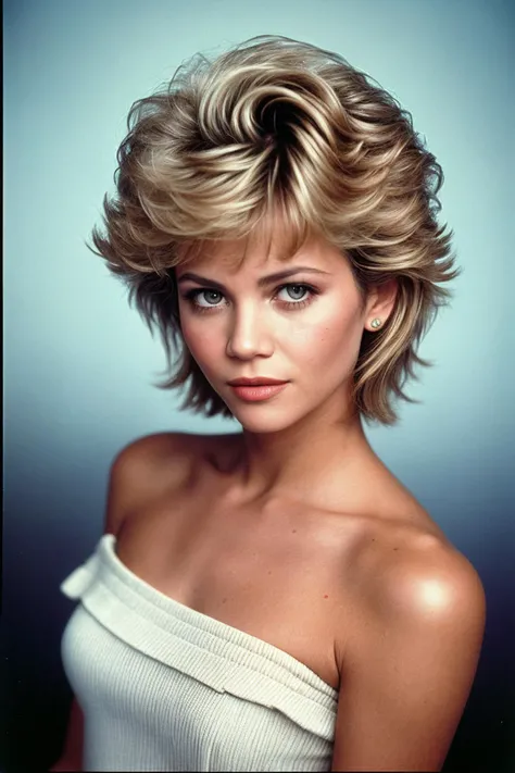 photo of (m4rk1ep0st-130:0.99), a woman, closeup portrait, perfec blonde hair, short 80s haircut, posing, (vintage photo, One-shoulder Top, Skinny Trousers), (closeup portrait), 24mm, (tintype), (analog, film, film grain:1.3), ((plain background, gradient)), ((detailed eyes)), (zoomburst:1.1), (epicPhoto)