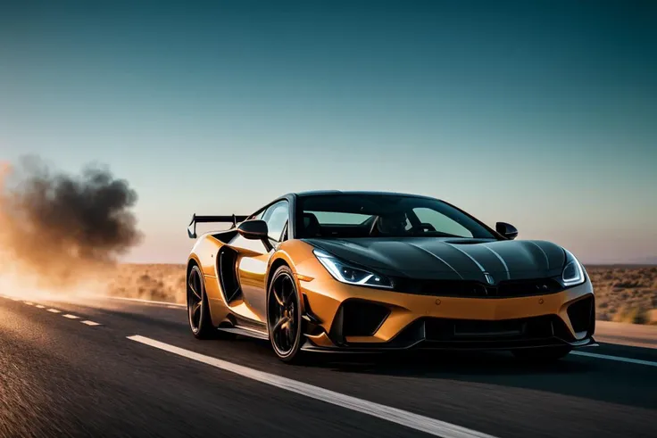 photo of a supercar, 8k uhd, high quality, road, sunset, motion blur, depth blur, cinematic, filmic image 4k, 8k with [George Miller's Mad Max style]. The image should be [ultra-realistic], with [high-resolution] captured in [natural light]. The lighting should create [soft shadows] and showcase the [raw] and [vibrant colors], volumetric dtx, depth blur, blurry background, bokeh, (motion blur:1.001)