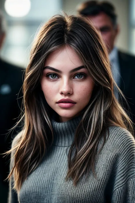 photo of beautiful (thyl4n3:0.99), a woman with perfect hair, wearing Sheffield Gray (sweater:1.1), (office surrounded by old men:1.1), closeup, modelshoot style, (extremely detailed CG unity 8k wallpaper), professional majestic photography, (Leica M6 Camera), 24mm, exposure blend, hdr, faded, extremely intricate, High (Detail:1.1), Sharp focus, dramatic, soft cinematic light, (looking at viewer), (detailed pupils), 4k textures, elegant, ((((cinematic look)))), soothing tones, insane details, hyperdetailed, low contrast, (epicPhoto)