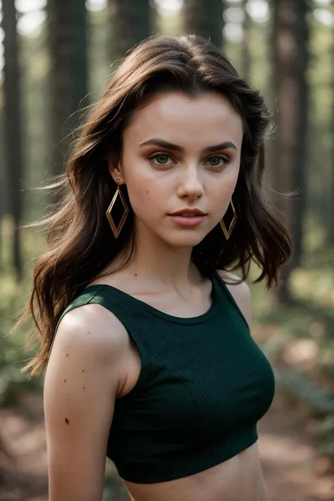 1Girl , Lange Haare, Klein , saftiger Arsch, braunes Haar, nackte Schultern, Green eyes, Schmuck, full whole body, realistisch, Asshole posing in a green skirt in front of the camera in a forest