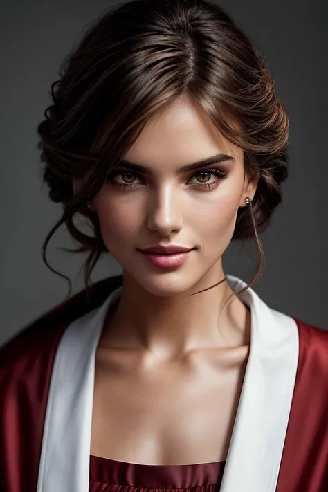 photo of beautiful (alesambr0s:0.99), a woman with perfect hair, hair upsweep updo, wearing (red cassock:1.1), (Agropeople:1.1), (plain white background:1.1), modelshoot style, (extremely detailed CG unity 8k wallpaper), professional majestic photography, (smile), (Panasonic Lumix GH6 Mirrorless Camera), 24mm, exposure blend, hdr, faded, extremely intricate, High (Detail:1.1), Sharp focus, dramatic, soft cinematic light, (upper body), (looking at viewer), (detailed pupils), 4k textures, soft cinematic light, adobe lightroom, photolab, elegant, ((((cinematic look)))), soothing tones, insane details, hyperdetailed, low contrast