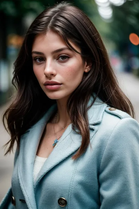 photo of beautiful (cam1lam0r:0.99), a woman, perfect hair, (modern photo, Baby Blue Chunky knit wrap coat), walking down a street, (closeup portrait), 85mm lens, NIKON camera, (professional majestic photography by yousuf karsh,) (analog, cinematic, film grain:1.3), ((detailed eyes, makeup)), jewelry, necklace, (epicPhoto), (color picture:1.1), (looking at viewer)