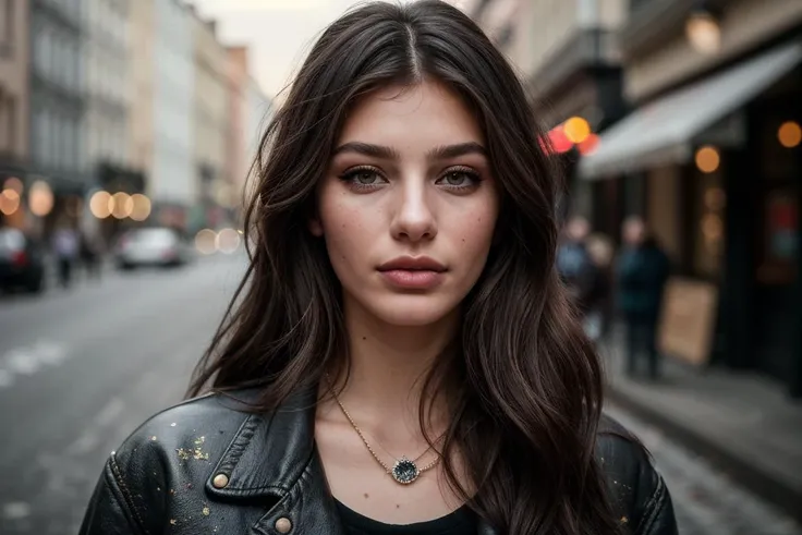 photo of beautiful (cam1lam0r:0.99), a woman, perfect hair, (modern photo, Dorian Gray letterman jacket), walking down a street, (closeup portrait), 85mm lens, NIKON camera, (professional majestic photography by alfred stieglitz,) (analog, cinematic, film grain:1.3), ((detailed eyes, painted lips, eyeshadow, eyeliner, heavy makeup)), jewelry, necklace, (epicPhoto), (color picture:1.1), (looking at viewer)