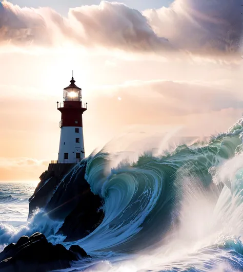 large isolated lighthouse in foreground with white and red strip built on a island clifftop alcove overlooking a sandy beach beach being hit by a huge wave bright beam of light out to sea lens flare . sea spray foam steep rocky cliffs huge curling wave semi transparent mist haze fog storm pebbles ominous clouds rolling sea rough sea waves <lora:Zoom Slider v1 plusneg7:4> cascading water waterfall draining flowing splash tube_wave lantern beacon victorian_design