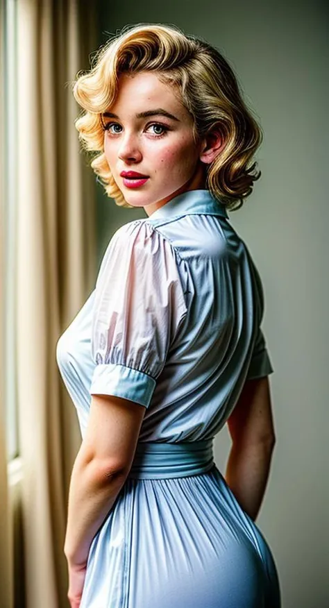MarilynM_SoloTI_v1, detailed eyes, (detailed lips:0.9), blush, (fair complexion:1.1), (vibrant colors), photograph by (Rodney Smith:1.3), modelshoot, pose, Canon T90, 50mm f/16, 1/125s, ISO 100, Ektachrome E100, <lora:add_detail:1>, wearing a buttoned blouse, scarf, epiCPhoto, <lora:cleavage_000000100:-0.9>