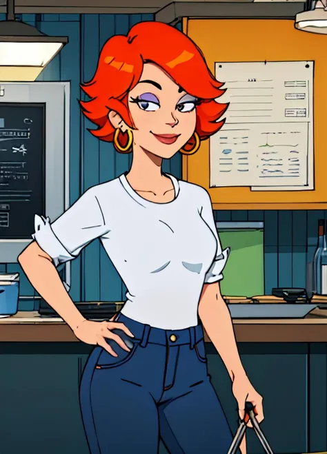 gina,1girl, solo,short hair, orange hair,shirt,pants,hoop earrings, looking at viewer, smile, <lora:ginaAmericandad-000004:0.65>