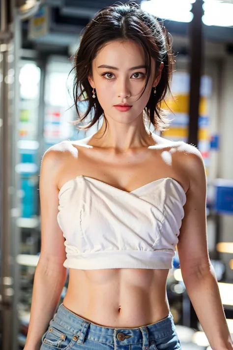 masterpiece, best quality, 1girl, aqua eyes, black hair, closed mouth, multicolored background, looking at viewer, outdoors, solo, upper body, alluring, clean, beautiful face, pure face, pale skin, sexy pose,((tube top, navel, shorts)),short hair, ((perfect female figure)), mature female, milf, narrow waist, chinese deity, seductive, highly detailed,best quality, masterpiece, highres, original, extremely detailed 8K, wallpaper, masterpiece, best quality, illustration, beautifully detailed eyes, cinematic lighting, earrings, jewelry,