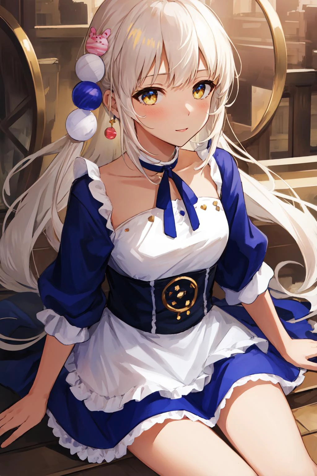 best quality, intricate details,
1girl, <lora:tsukumoSanaHololive_v1:0.8> tsukumo sana, hair ornament, dress, blue skirt, white skirt, halterneck,
