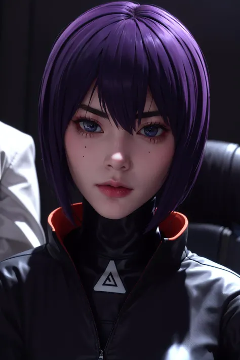 absurdres, best quality, 1girl, solo, looking at viewer, eye focus, <lyco:GoodHands-beta2:1.0>, <lora:motoko_kusanagi2045:0.6>, motoko_kusanagi, black jacket