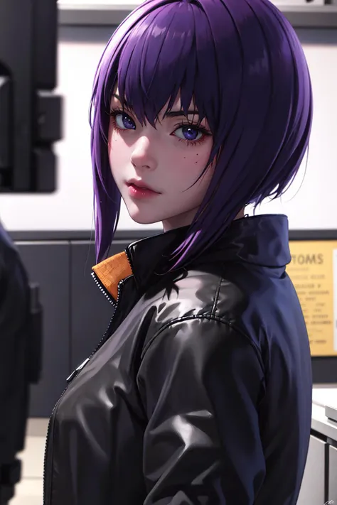 absurdres, best quality, 1girl, solo, looking at viewer, eye focus, <lyco:GoodHands-beta2:1.0>, <lora:motoko_kusanagi2045:0.6>, motoko_kusanagi, black jacket