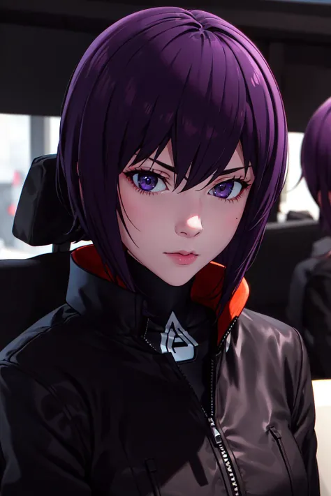 absurdres, best quality, 1girl, solo, looking at viewer, eye focus, <lyco:GoodHands-beta2:1.0>, <lora:motoko_kusanagi2045:0.6>, motoko_kusanagi, black jacket