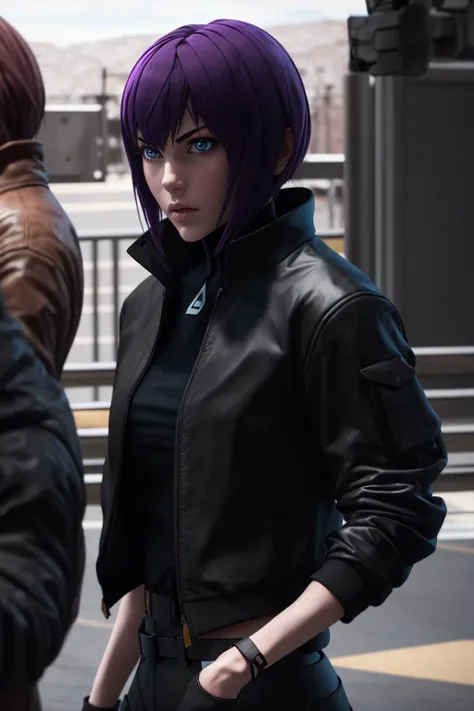 absurdres, best quality, 1girl, solo, looking at viewer, eye focus, <lyco:GoodHands-beta2:1.0>, <lora:motoko_kusanagi2045:0.6>, motoko_kusanagi, black jacket