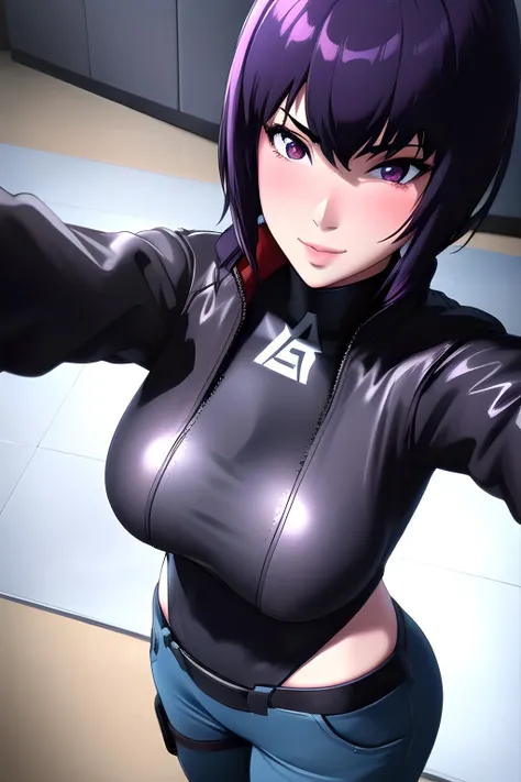 1girl, masterpice, high quality, best quality, good body, 5fingers, good hands and fingers, official art, (solo), dynamic angle, dynamic pose, sexy,, black gloves, black jacket, leotard, (motoko_kusanagi), ((pov)), ((selfie)), scenary: room, smile, (blush), <lora:motoko_kusanagi2045-06:0.7>