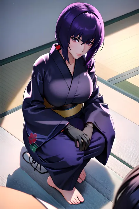 1girl, masterpice, high quality, best quality, good body, good hands and fingers, official art, (solo), dynamic angle, sexy,, black gloves, (motoko_kusanagi), scenary: room, big breasts, <lora:motoko_kusanagi2045-06:0.5>, ((((yukata)))), squatting, looking at viewer,