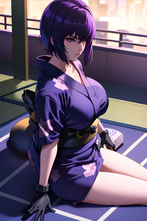 1girl, masterpice, high quality, best quality, good body, good hands and fingers, official art, (solo), dynamic angle, sexy,, black gloves, (motoko_kusanagi), scenary: room, big breasts, <lora:motoko_kusanagi2045-06:0.5>, ((((yukata)))),
