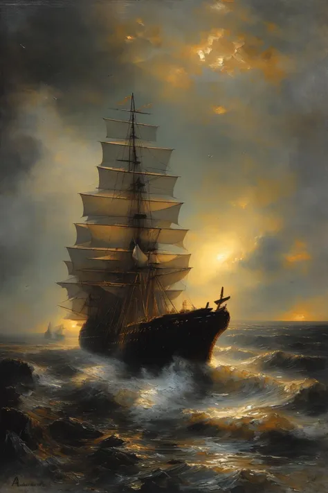 masterpiece,best quality,<lora:tbh102-:1>,oil painting,illustration,ship,ocean,style of Andreas Achenbach,