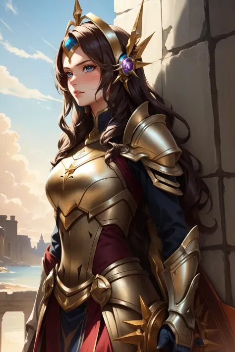 (masterpiece, best quality),  intricate details,
1girl,  <lora:leona:0.8> leona,  armor, shield,  sweating, headgear, long hair, wavy hair, battlefield,