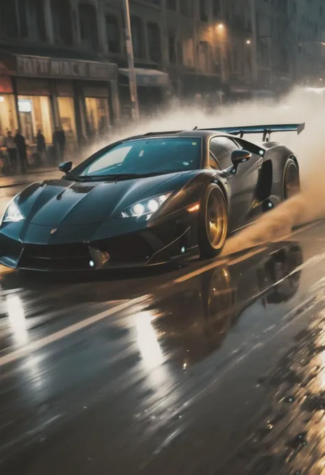 style by andre kohn,best quality,cinematic still photo,realistic shadows,black-supercar drifting night wet street,dynamic angle closeup,8k,inspired by 2 Fast 2 Furious