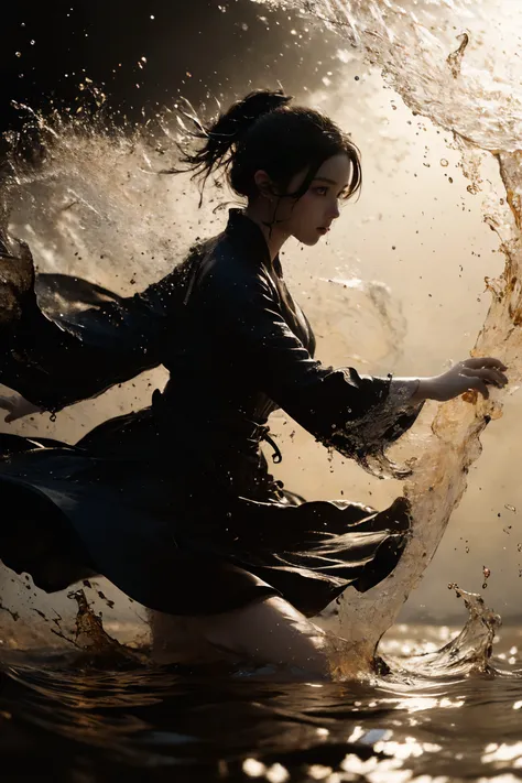 ultra high resolution, ((masterpiece))), (((best quality))), ((super detailed)),  ((extremely delicate and beautiful)),cinematic light, detailed environment(real),
1 girl,solo,hair bun,single hair bun,black hair,
wide sleeves, outstretched arms, fighting stance,
(splashing:1.2),
<lora:~Q?-kfOV3 xuer martial arts:0.8>