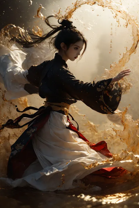 ultra high resolution, ((masterpiece))), (((best quality))), ((super detailed)),  ((extremely delicate and beautiful)),cinematic light, detailed environment(real), motion blur, depth of field,
1 girl,solo,hair bun,single hair bun,black hair,High ponytail,(absurd long ponytail:1.3), (dark red and light gold hanfu:1.2),
wide sleeves, outstretched arms, fighting stance,
(splashing:1.2),
<lora:~Q?-kfOV3 xuer martial arts:0.8>