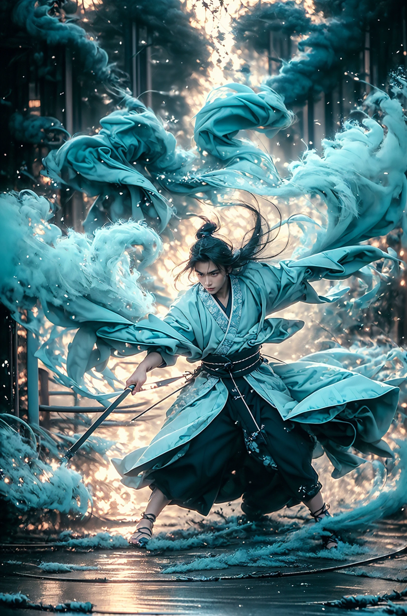 masterpiece, best quality, 32k, insane details, intricate details, hyperdetailed, hyper quality, high detail, ultra detailed, Masterpiece,martial artsChinese, realism,martial arts,play light and shadow,green lights and shadow,Bauhaus photography,28mm fantasy landscape,Camille Could,Selective focus,Panorama,Ultra-realistic illustrationsREALISTIC 3D, ULTRA DETAILEDBlender, C4D, high detail, high resolution,
A young man in ancient China,dressed in white Hanfu,surrounded by gas fumes in battle,martial arts action portraits,Gopro,motion blur,long exposure,full body,delicate feature,high aesthetics and high art,immersed ina cinematic atmosphere,with an unreal portrait style,paulina washington
<lora:~Q?-kfOmartial arts:0.95>