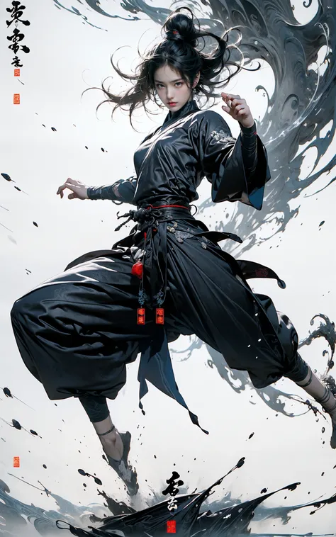 martial, 1girl, solo, simple background,
ustration style, Chinese martial arts war scenes, chinese ink style, martial arts style,
(medium breasts:1.3), long sleeves, chinese clothes, (glowing:1.4), splashing, fighting stance,,
Chinese calligraphy, ink painting, characters, calligraphy characters, text background(full body:1.2),
<lora:~Q?-kfg/ martial:0.8>