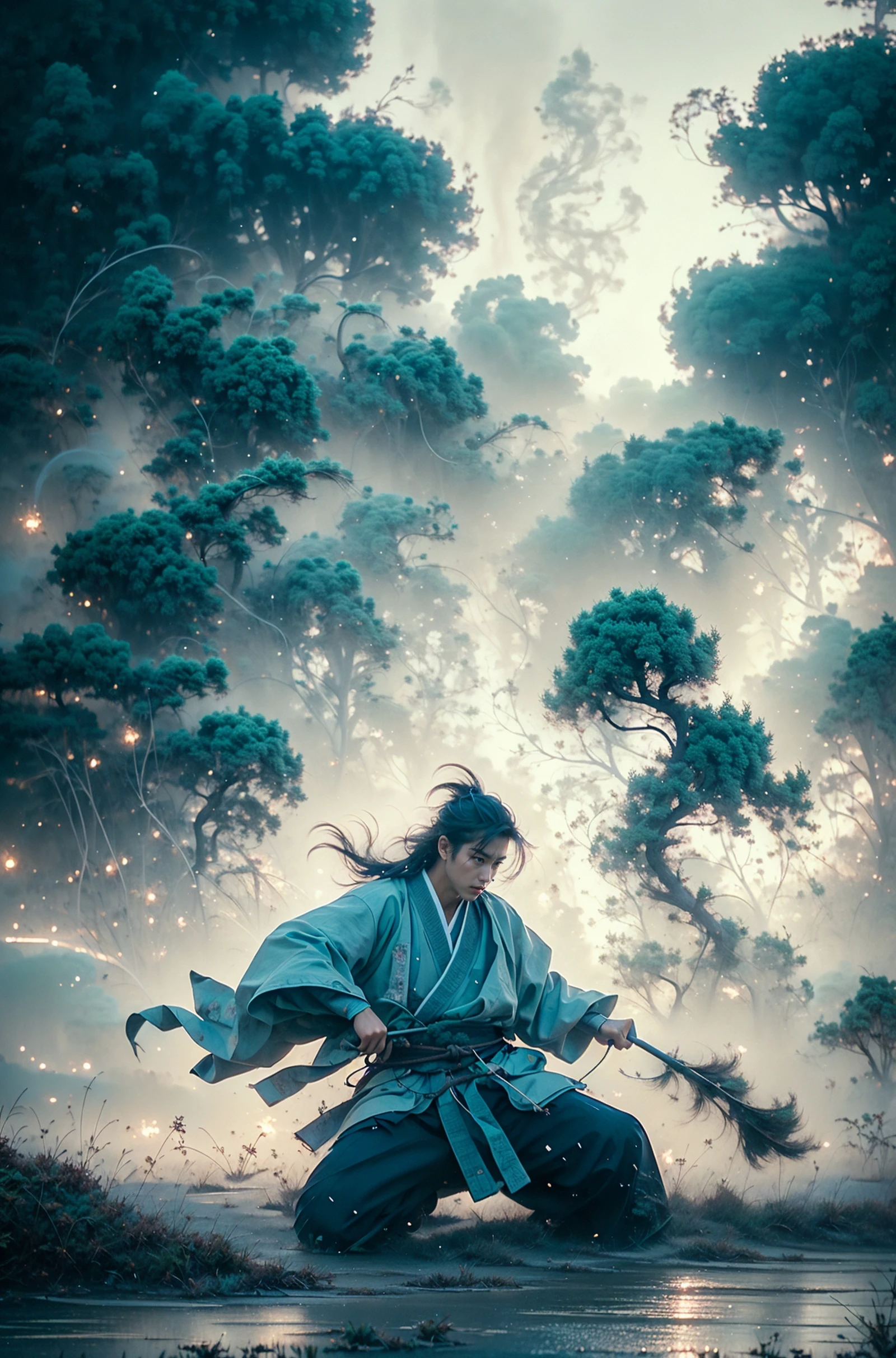 masterpiece, best quality, 32k, insane details, intricate details, hyperdetailed, hyper quality, high detail, ultra detailed, Masterpiece,martial artsChinese, realism,martial arts,play light and shadow,green lights and shadow,Bauhaus photography,28mm fantasy landscape,Camille Could,Selective focus,Panorama,Ultra-realistic illustrationsREALISTIC 3D, ULTRA DETAILEDBlender, C4D, high detail, high resolution,
A young man in ancient China,dressed in white Hanfu,surrounded by gas fumes in battle,martial arts action portraits,Gopro,motion blur,long exposure,full body,delicate feature,high aesthetics and high art,immersed ina cinematic atmosphere,with an unreal portrait style,paulina washington
<lora:~Q?-kfOmartial arts:0.9>