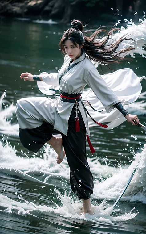 martial, 1girl, solo, simple background, outstretched armJumping(Red hanfu dress:1.4)(Ancient Chinese sword, holding sword:1.2)
ustration style, Chinese martial arts war scenes, chinese ink style, martial arts style,
(medium breasts:1.3), long sleeves, chinese clothes, (glowing:1.4), splashing, fighting stance,,
Chinese calligraphy, ink painting, characters, calligraphy characters, text background(full body:1.2), (Real waterRealistic waterflowing water:1.1)ripples
<lora:~Q?-kfg/ martial:0.8>