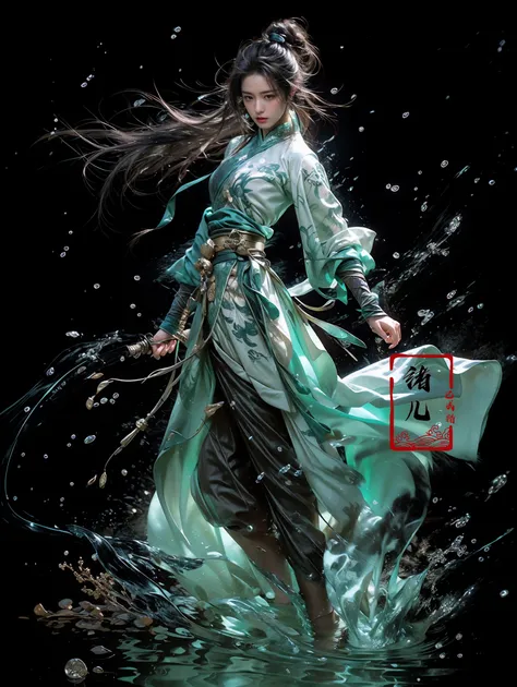 masterpiece, best quality, 32k uhd, Epic CG masterpiece, hdr,dtm, full ha,8K, ultra detailed graphic tension, dynamic poses, stunning colors, 3D rendering, surrealism, cinematic lighting effects, realism, 00 renderer, super realistic, full - body photos, super vista, super wide Angle, HDAncient Chinese sword, tattoo
ustration style, Chinese martial arts war scenes, chinese ink style, martial arts style,
(medium breasts:1.3), long sleeves, chinese clothes, (glowing:1.5), splashing, fighting stance,,
Chinese calligraphy, ink painting, characters, calligraphy characters, text background(full body:1.2), (Real waterRealistic waterflowing water:1.3)ripples
<lora:~Q?-kfg/ martial:0.8>