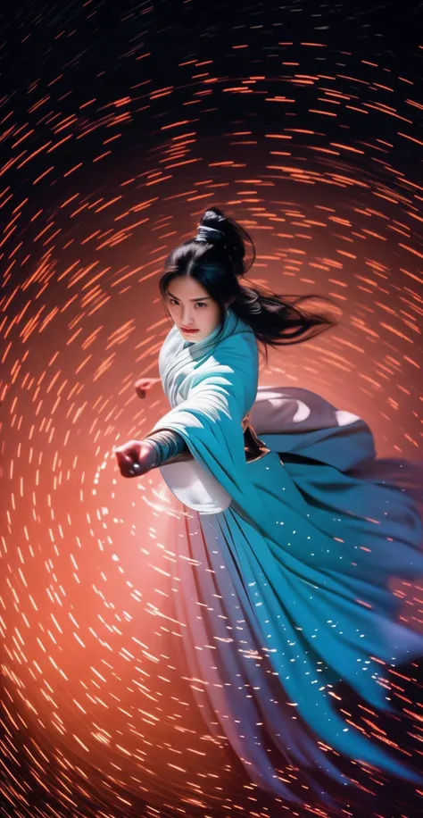 from above,(super wide Angle),motion blur,A Chinese woman uses Qing Kung to fly in the (starry sky) and Her hands are burning with fire Wearing Hanfu,martial <lora:LCM_LoRA_Weights_SD15å éå¨:0.7> <lora:Qing Kung_20230927123451:0.6>,<lora:martial_20231207131810:0.6>, <lora:detail_slider_v4:1>,<lora:å¢å çå¯¦æepiCRealLife:1>,water surrounds her body, glowing,(flowing light particles),flowing smoke,fighting stance,best quality and best aesthetic and (photorealistic) and (Realistic), full body,Fujifilm XT3,film still,film grain,cinematic,<lyco:film grainV2:0.4>,looking at viewer and facing viewer, Detailed facial features, detailed eyes, detailed nose, detailed lips,(Laser light) and (glowing magic circle:1.4),(black background)