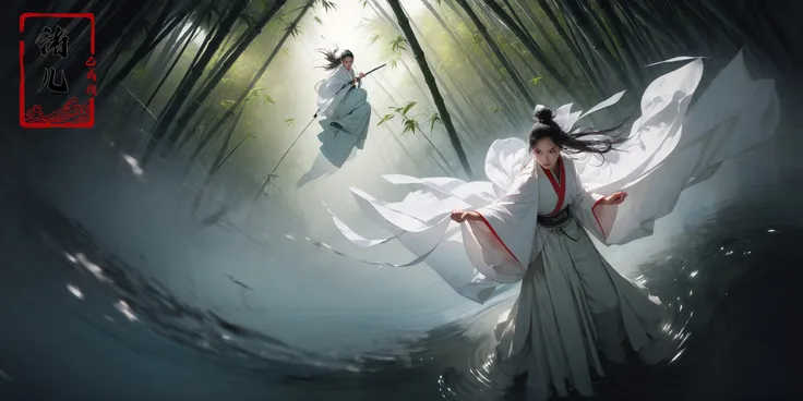 To shoot from above.  art by Zao Wou-kiextreme close - up, focus on face, A woman in white Hanfu, wearing a white transparent veil Chinese swordsman floats over the bamboo forest and stretches his body, sologopro photography, enemy falling to the ground, ancient Chinese bamboo forest in the background, concept art
QingKung1girl( super vista, super wide Angle:1.6)(Real waterRealistic waterflowing water:1.0)ripples
<lora:~Q?-{R Qing Kung:0.8>